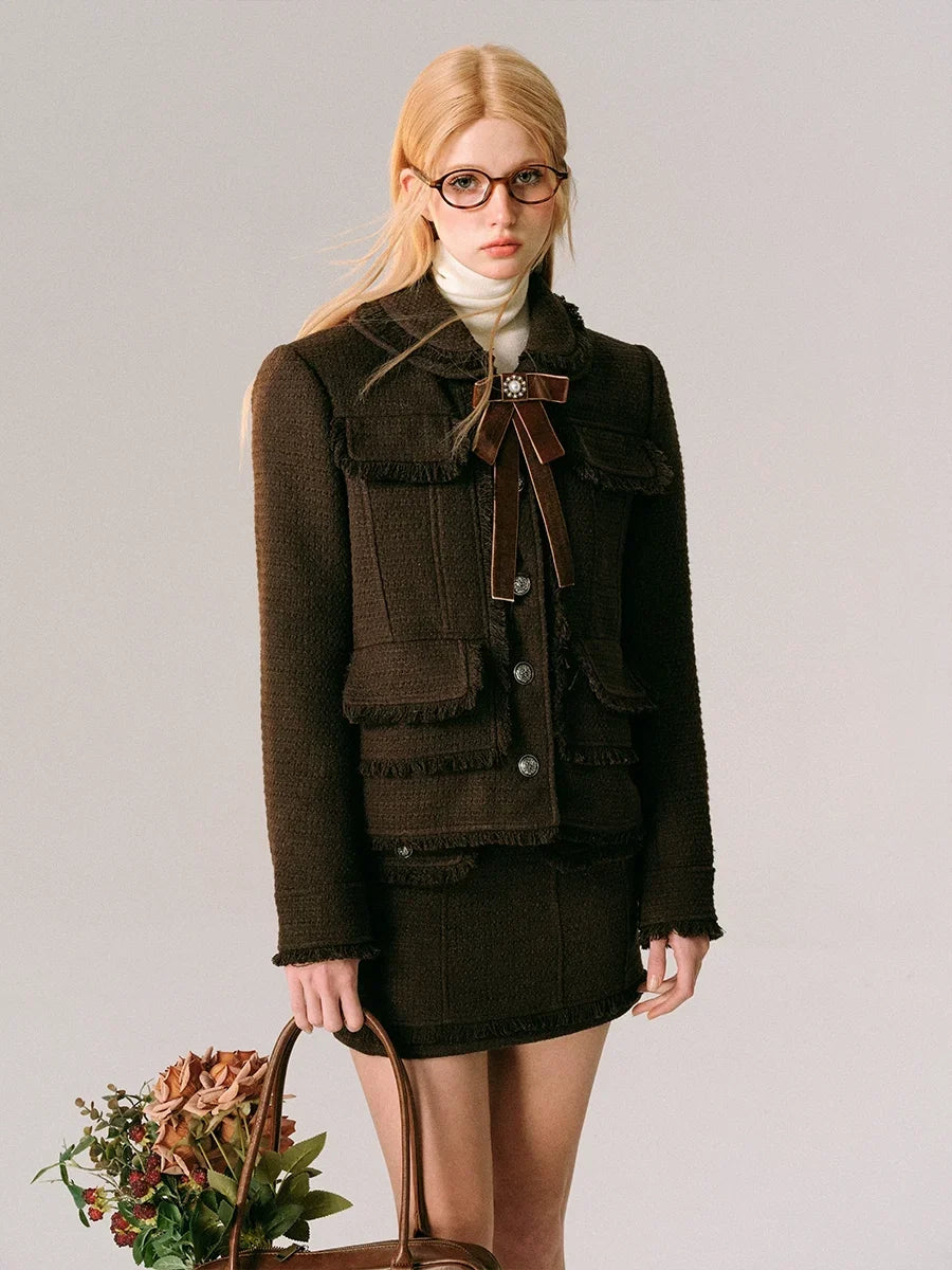 Bow Design Wool Blend Jacket & Short Skirt Setup