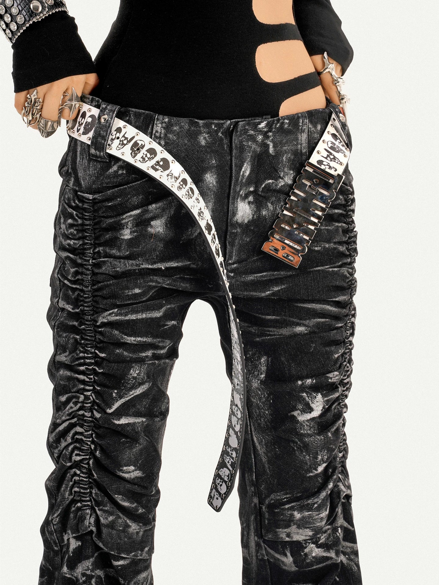 Lightning Print Deconstructed Pleats Flare Denim Jeans