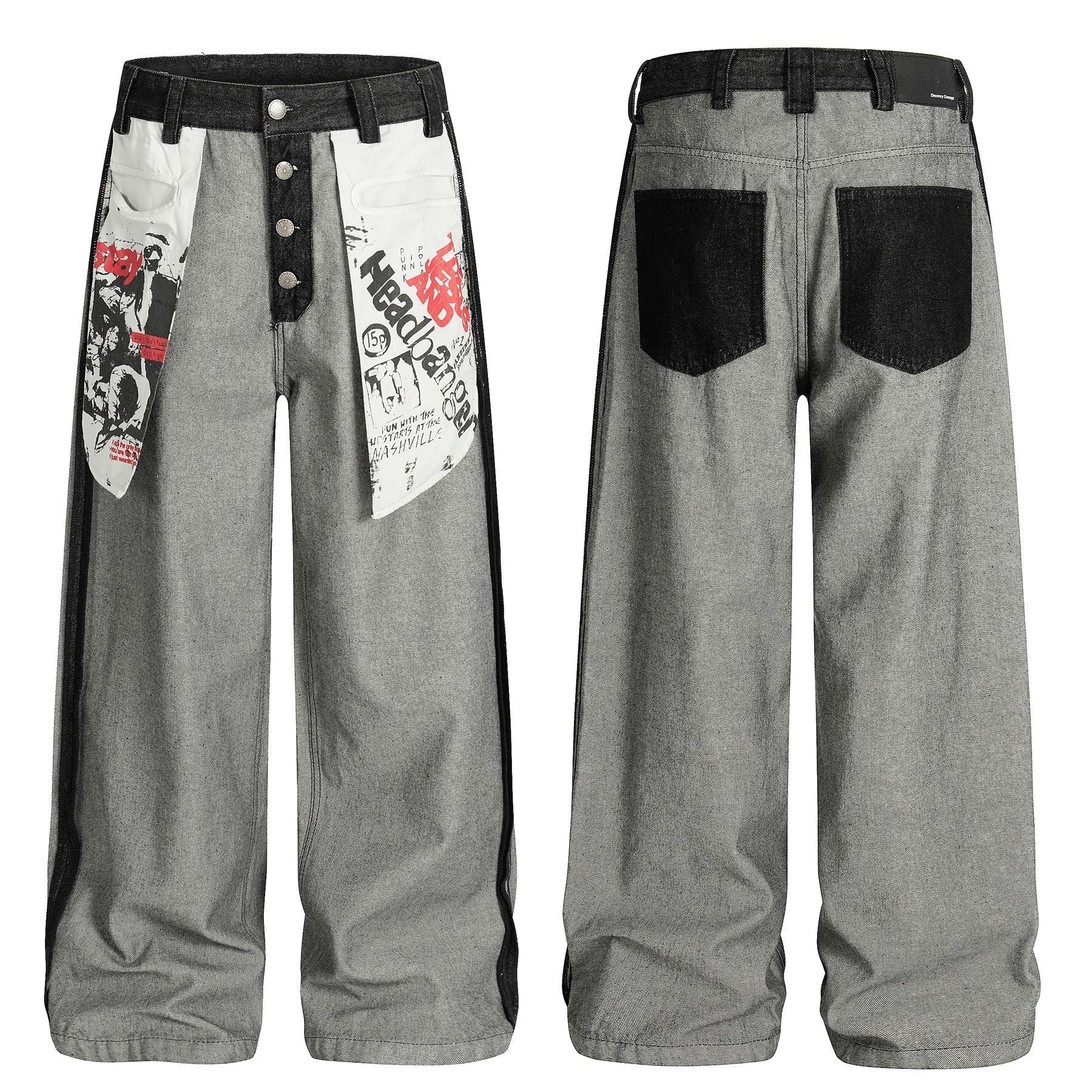 Print Deconstruction Wide Leg Denim Jeans