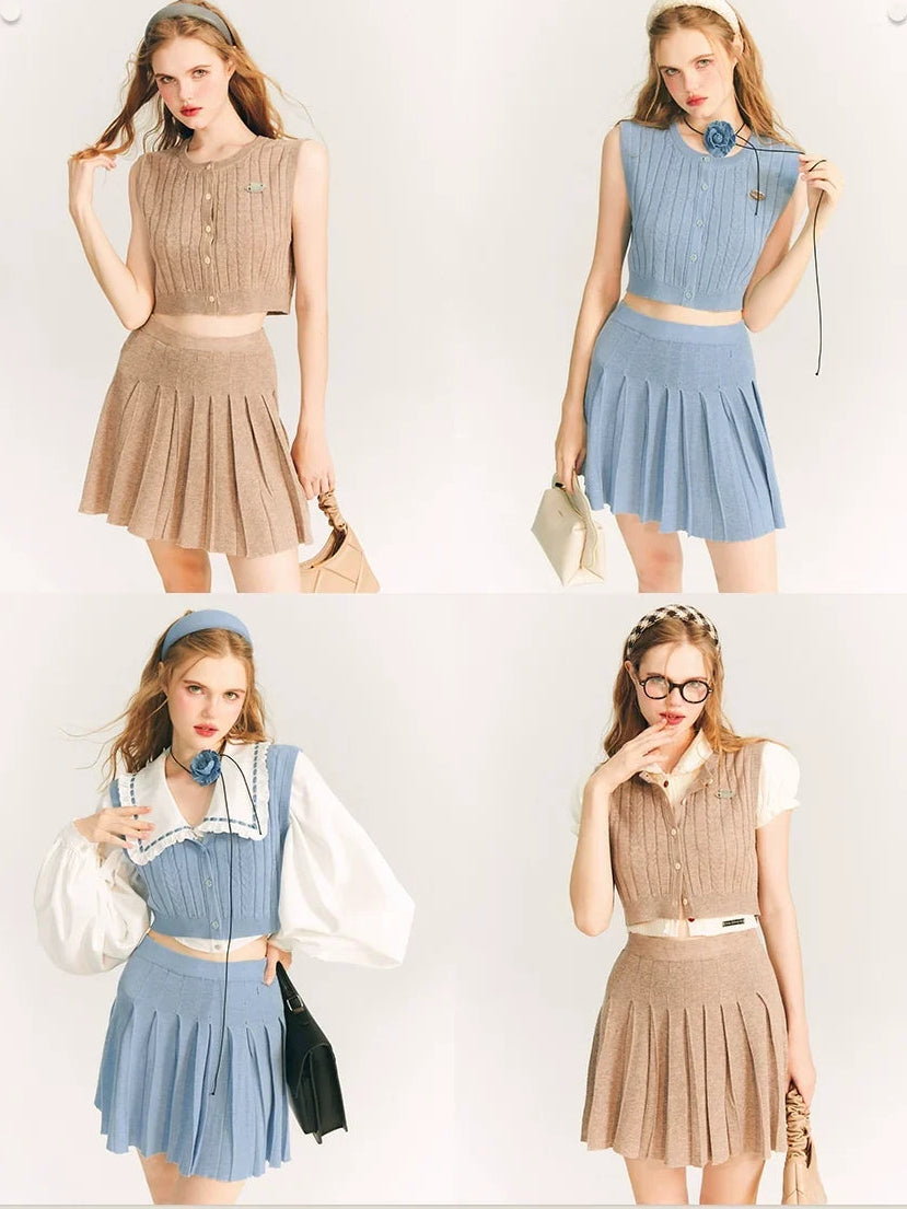 Button Knit Vest & Knit Pleated Skirt Setup