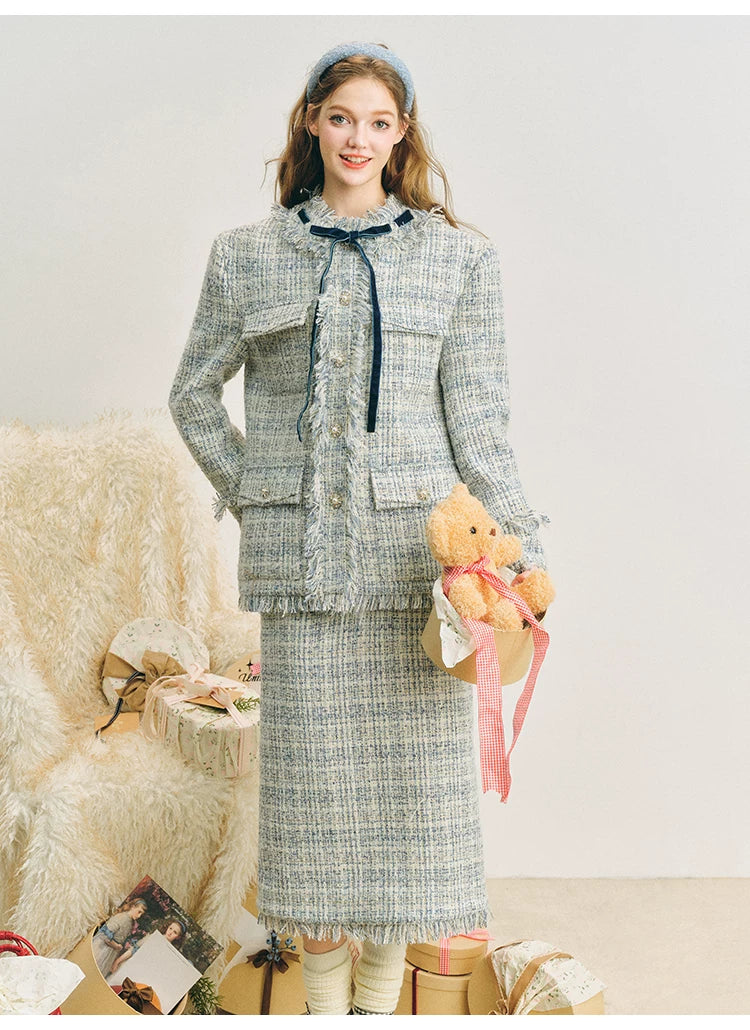 Bow Jacquard Jacket & Tassel Jacquard Short Skirt Setup