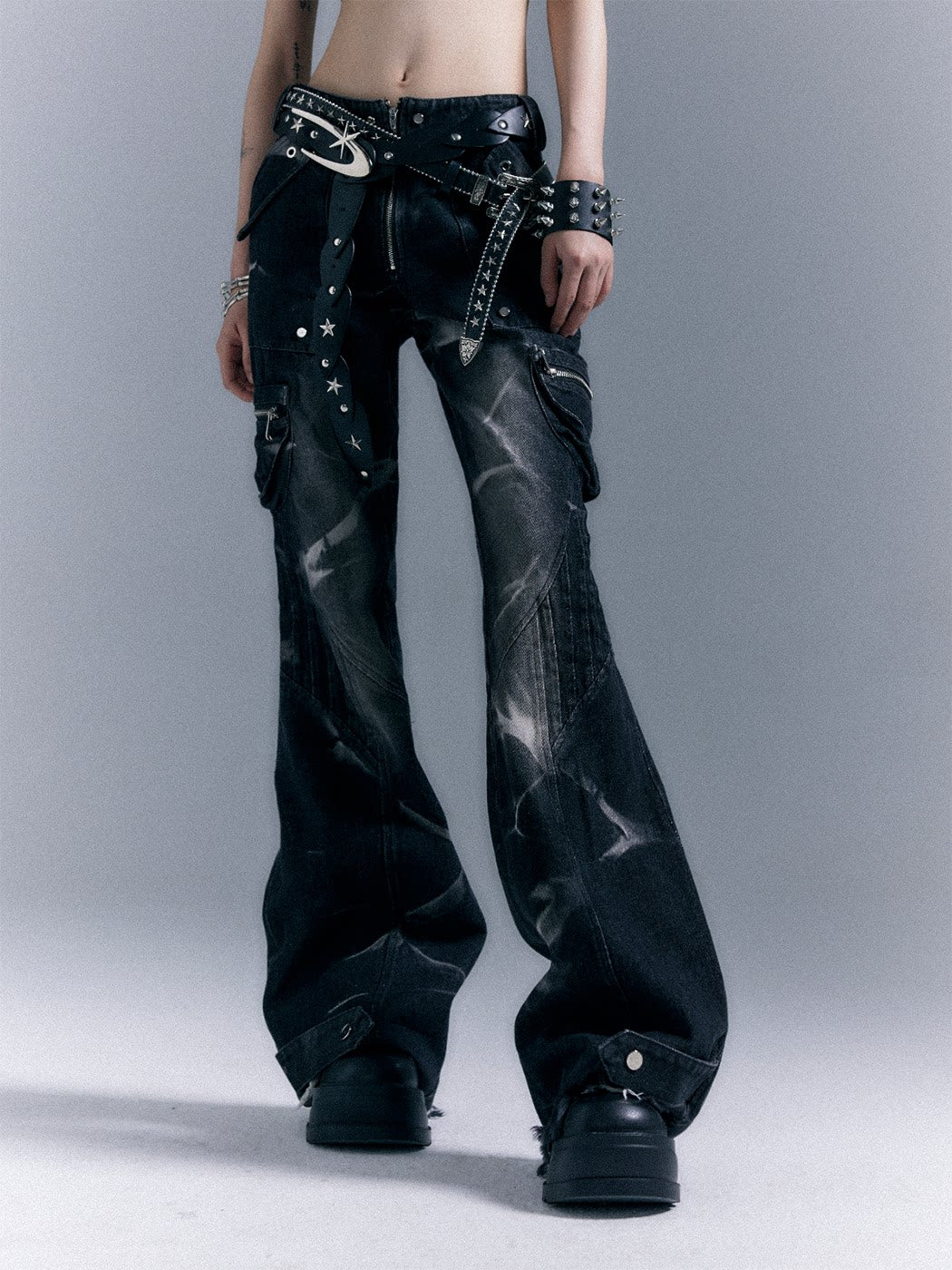 Low-Waist Studs Washed Flare Denim Jeans