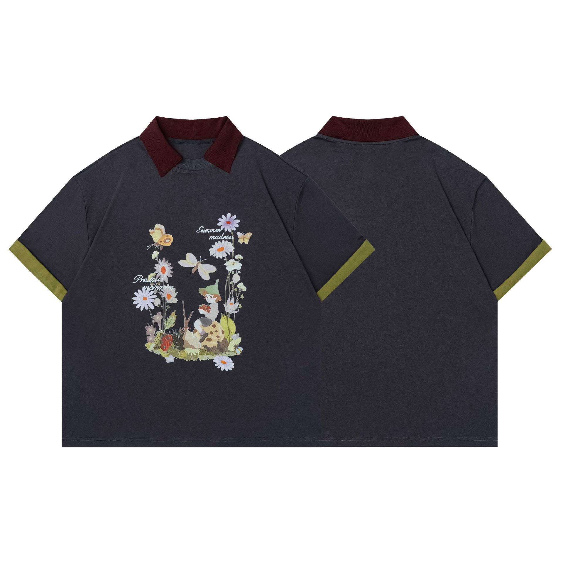 Flower Butterfly Print Short Sleeve Polo Shirt