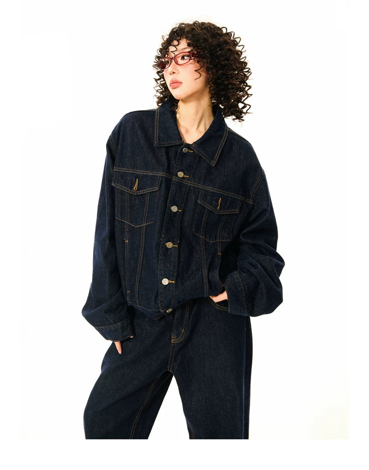 Button Oversize Denim Jacket & Wide Leg Denim Jeans Setup
