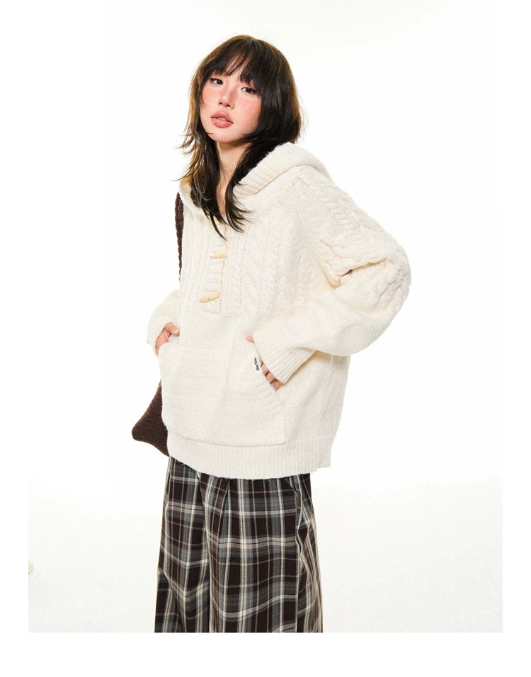 Hooded Toggle-Front Knit Sweater