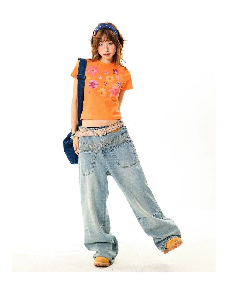 Flower Print Cropped Short Sleeve T-Shirt