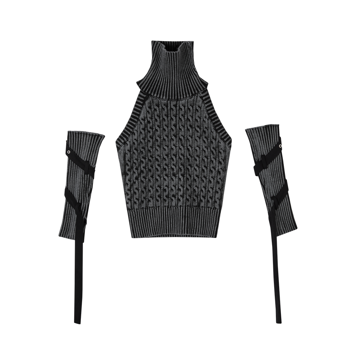 High-Neck Sleeveless Lace-Up Backless Knit Sweater & Arm Warmers