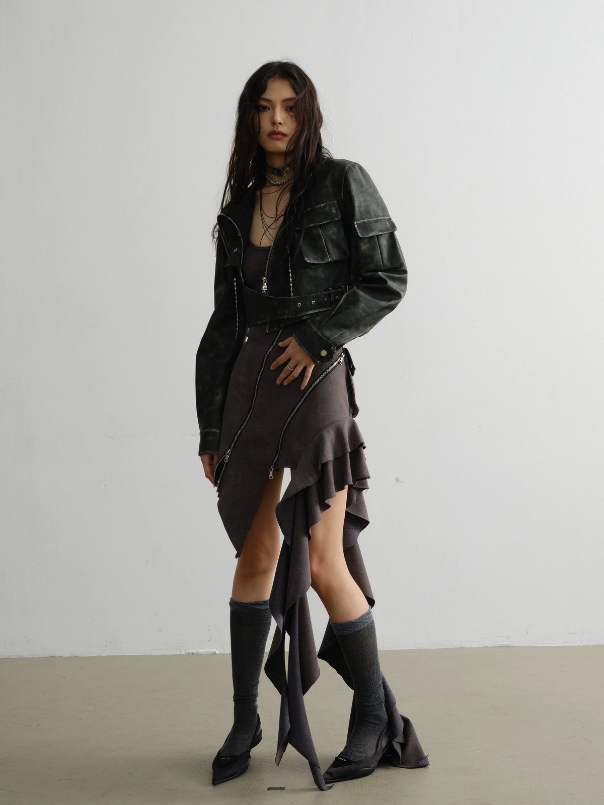 Zipper Decoration Ruffled Edge Dress