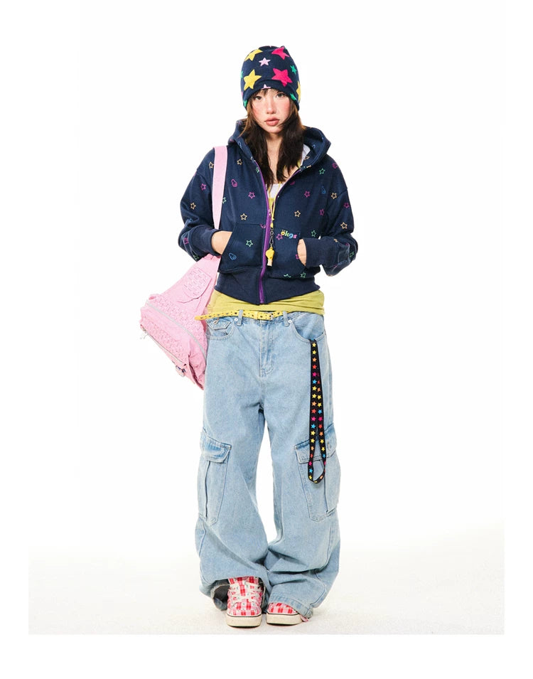 Star Print Fleece Zipper Hoodie