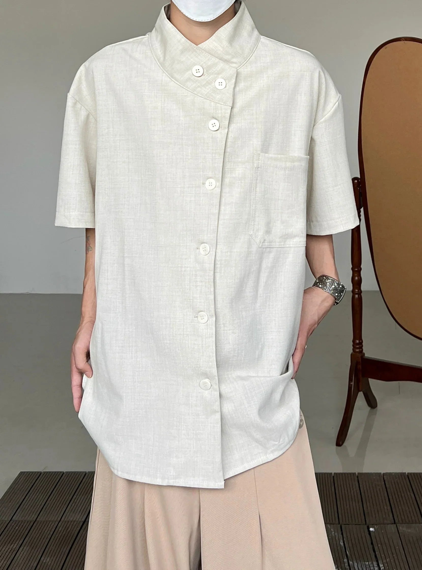 Minimalist Stand Neck Short Sleeve Shirt