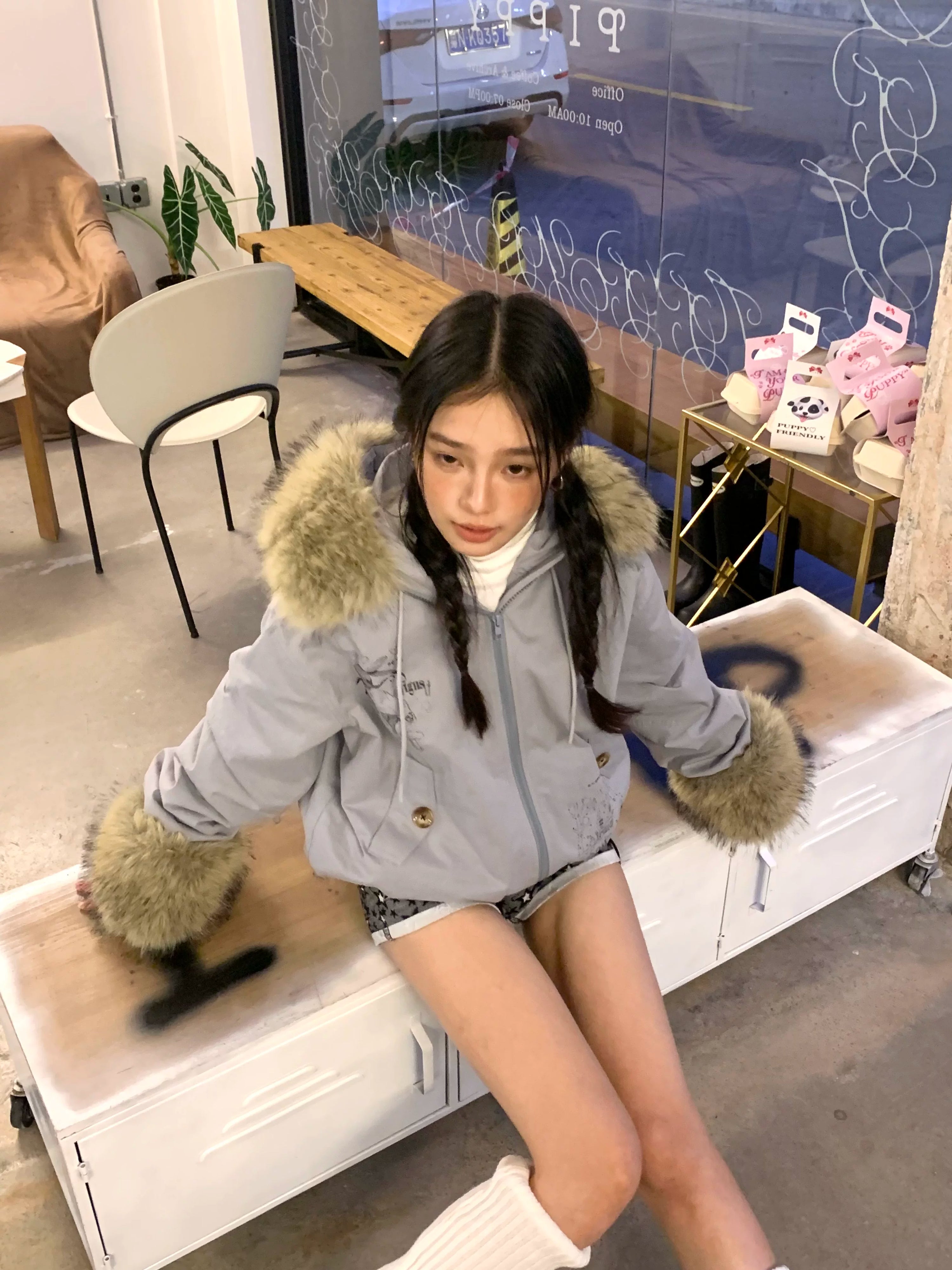 Fake Fur Trim Graphic Print Oversize Hooded Jacket