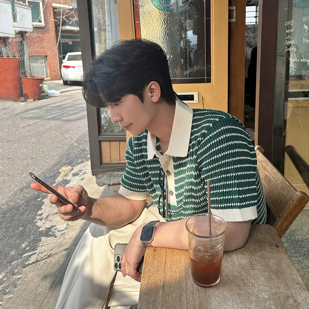 Colorblock Stripe Knit Short Sleeve Polo Shirt