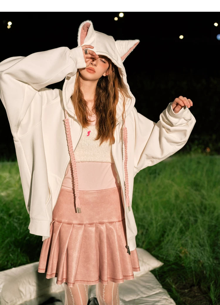 Ear Fleece Oversize Zipper Hoodie