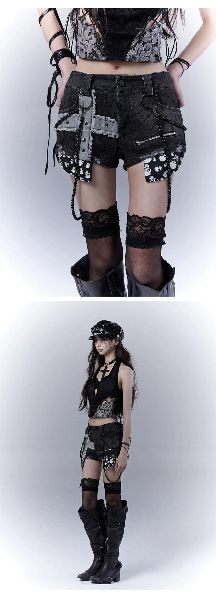 Design Rivet Print Low Waist Denim Short Pants
