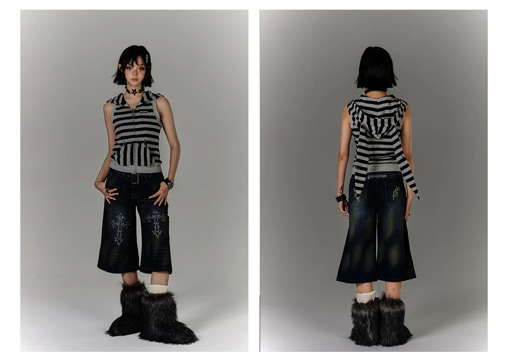 Stripe Zipper Hooded Sleeveless T-Shirt