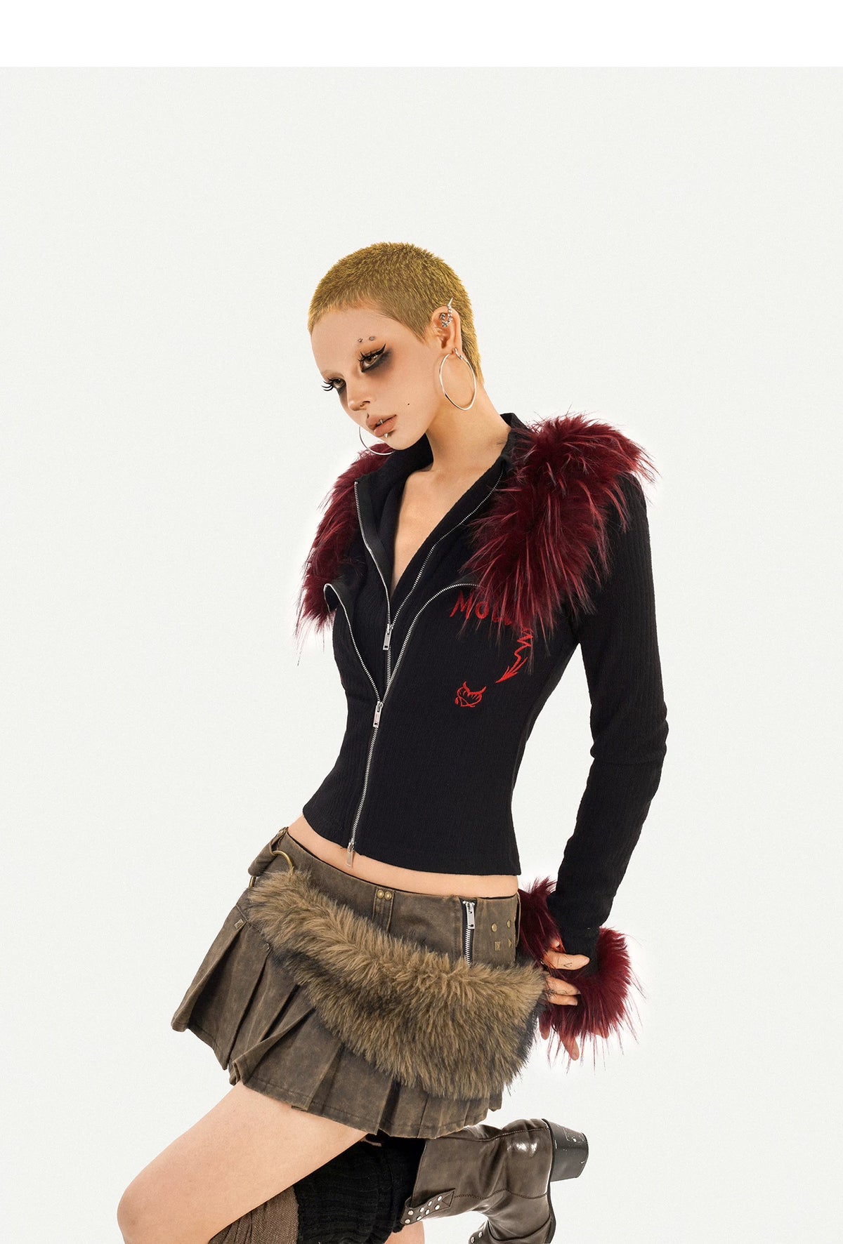 Fake Layered Double Zipper Flame Fake Fur Collar Knit Cardigan
