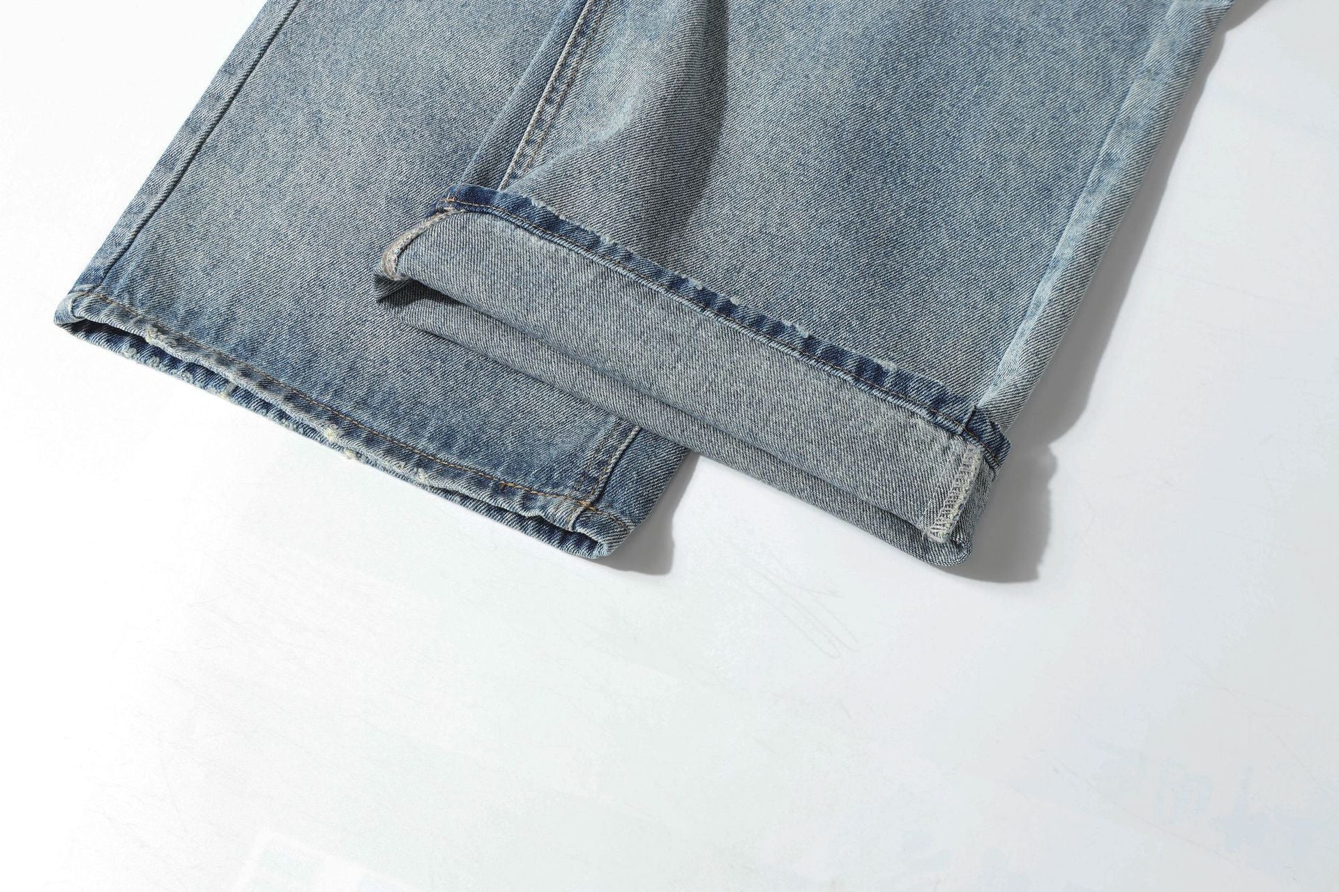 Washed Whisker Damage Wide Leg Denim Jeans