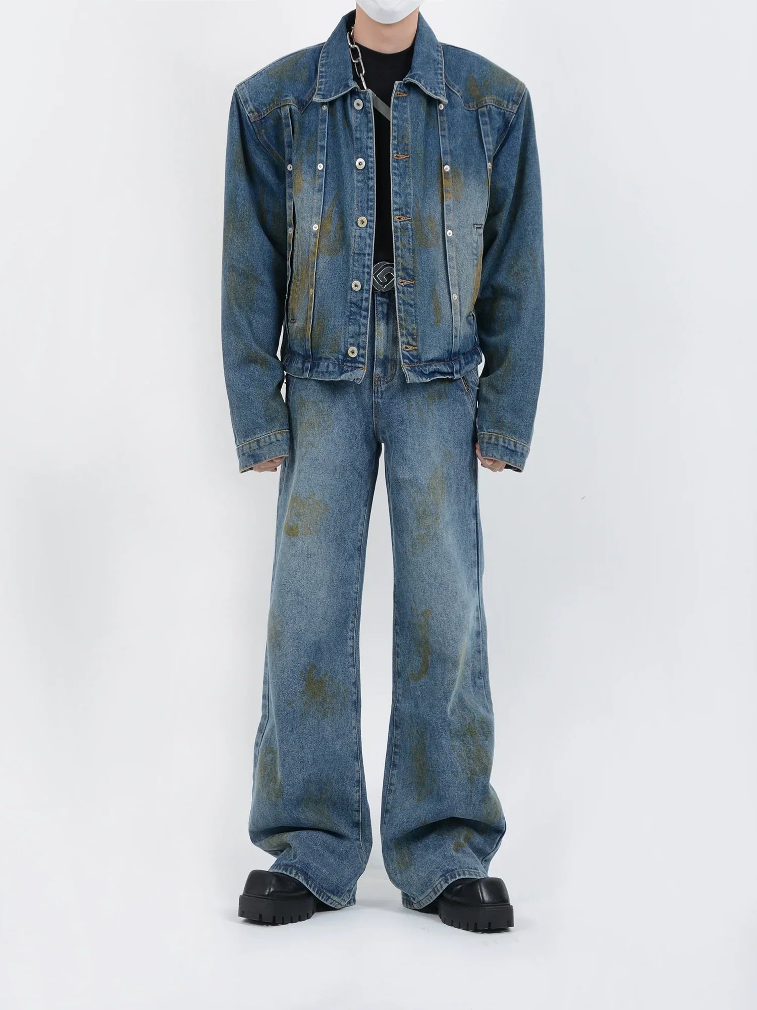 Wash Denim Jacket & Wide Leg Straight Denim Jeans Setup