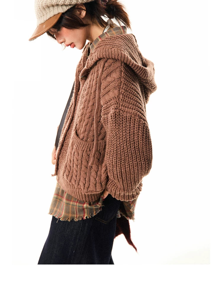 Hooded Button Oversize Cable Knit Cardigan