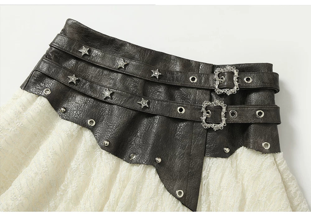 Asymmetric Lace Layered Belt Detail Skirt