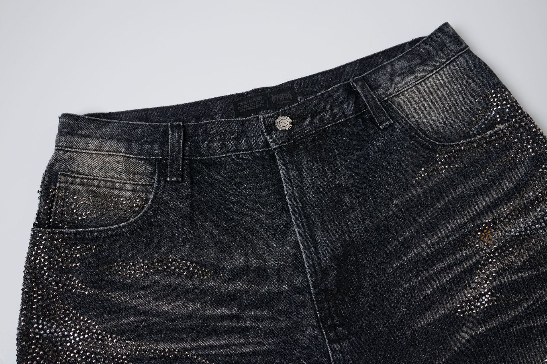 Rhinestone Camouflage Wash Denim Jort