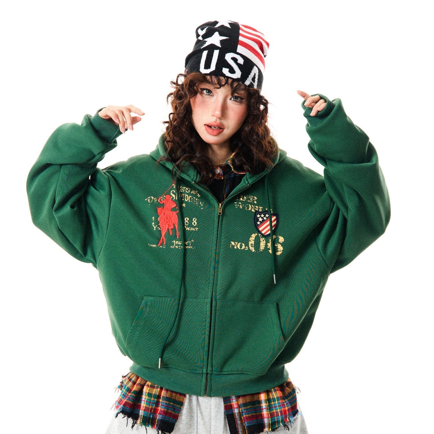 Letter Embroidery Washed Zipper Hoodie
