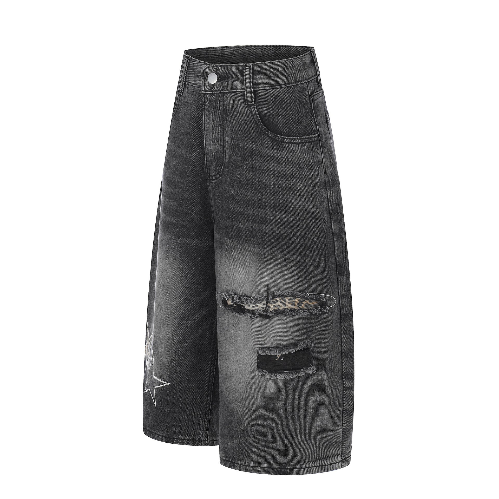 Star Patch Embroidery Curved Denim Jort
