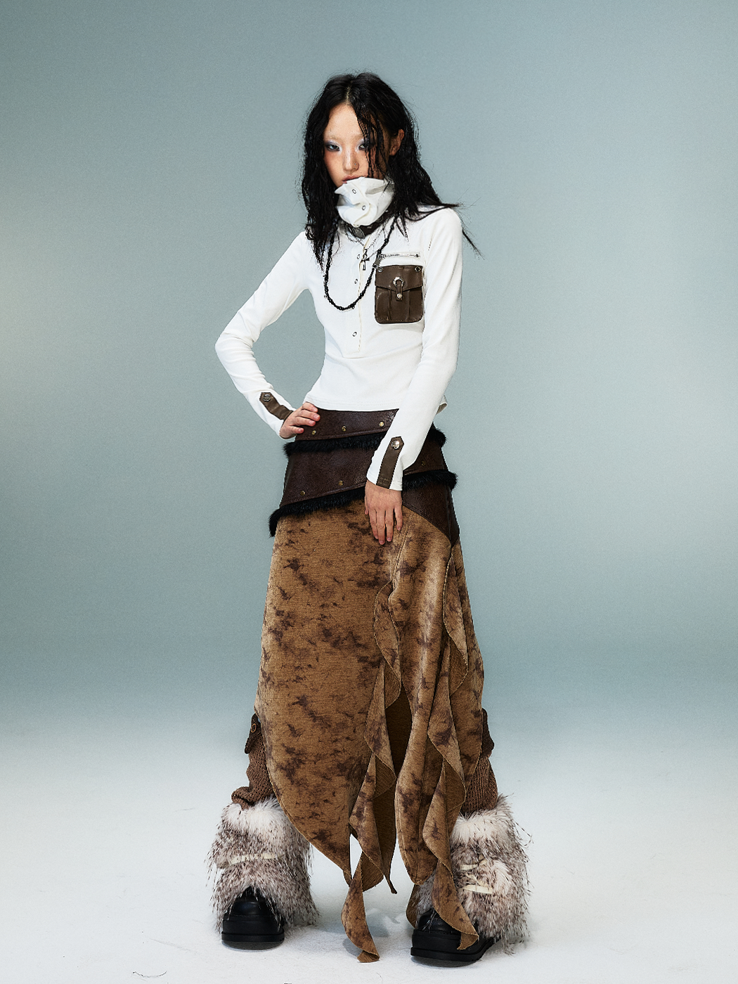 High-Neck Convertible Slim Knit Long Sleeve Shirt