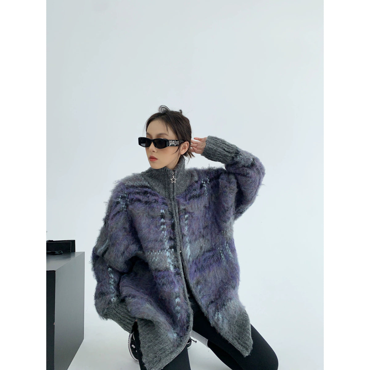 Oversized Double Zipper Knit Cardigan