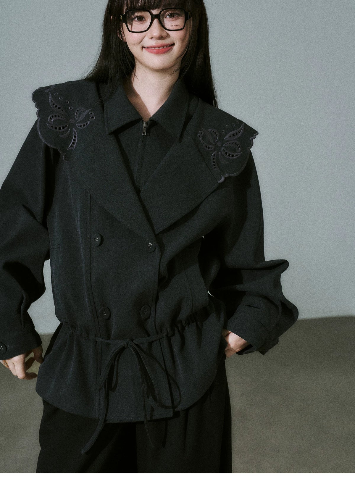 Embroidery Collar Drawstring Waist Double-Breasted Jacket