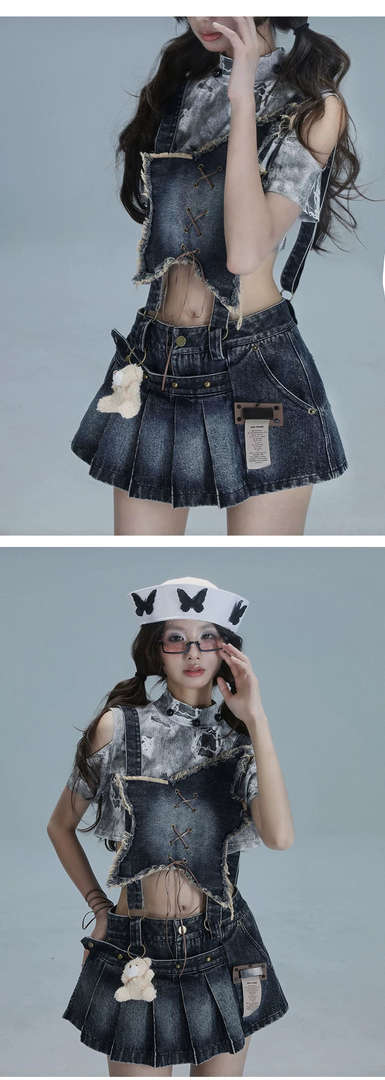 Detachable Washed Suspender Denim Short Skirt & Inner Shirts Set