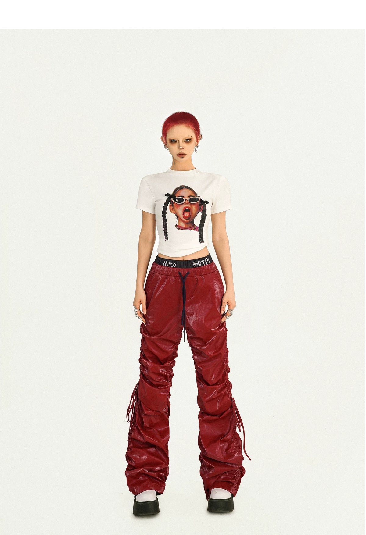 Tie Cord Pleats Double Waist Pants