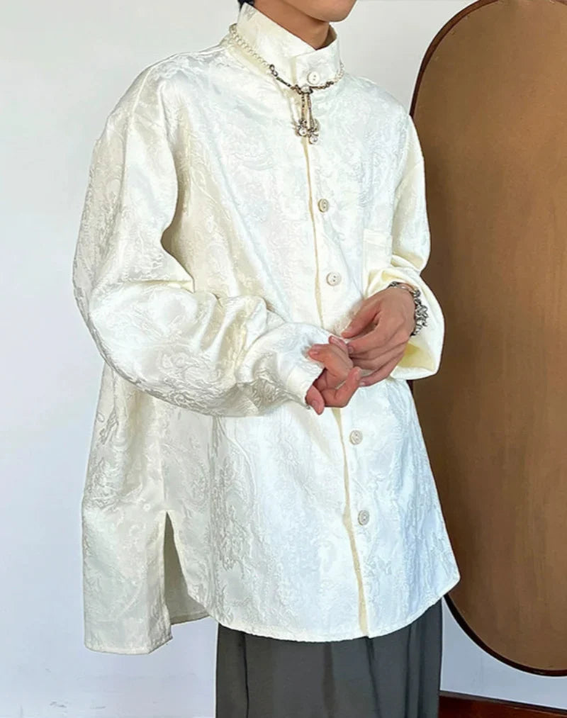 Embroidery Jacquard Stand Neck Long Sleeve Shirt