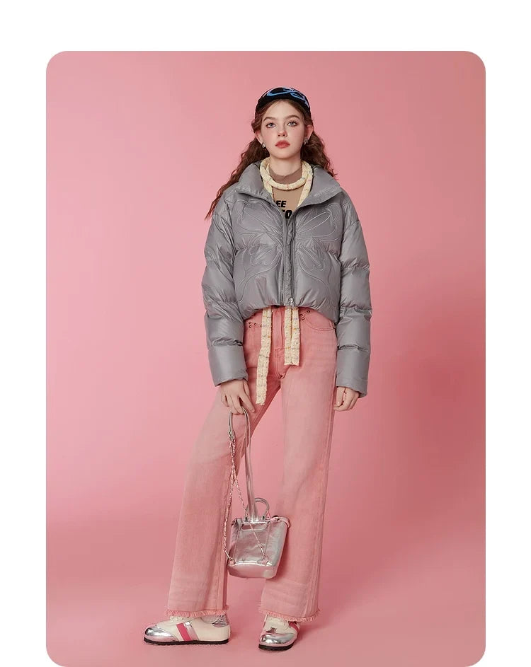 High-Neck Short White Duck Down Jacket