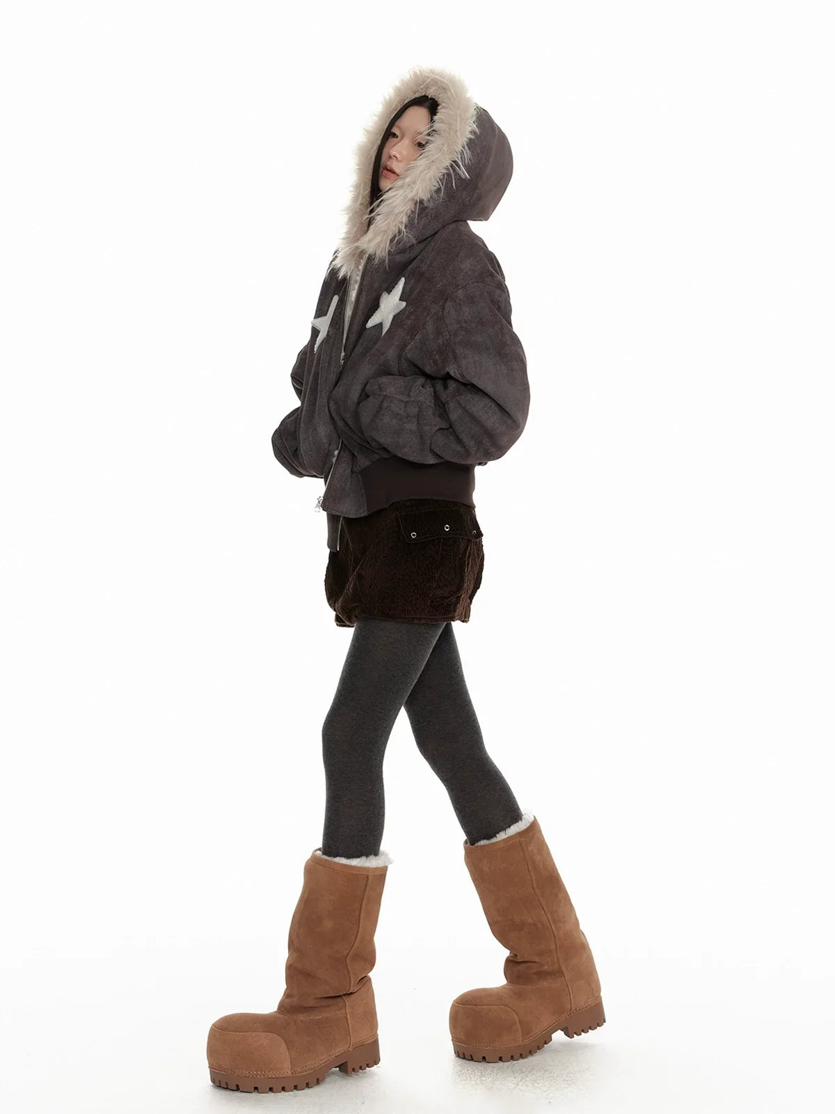 Fur Trim Patchwork Hooded Puffer Jacket