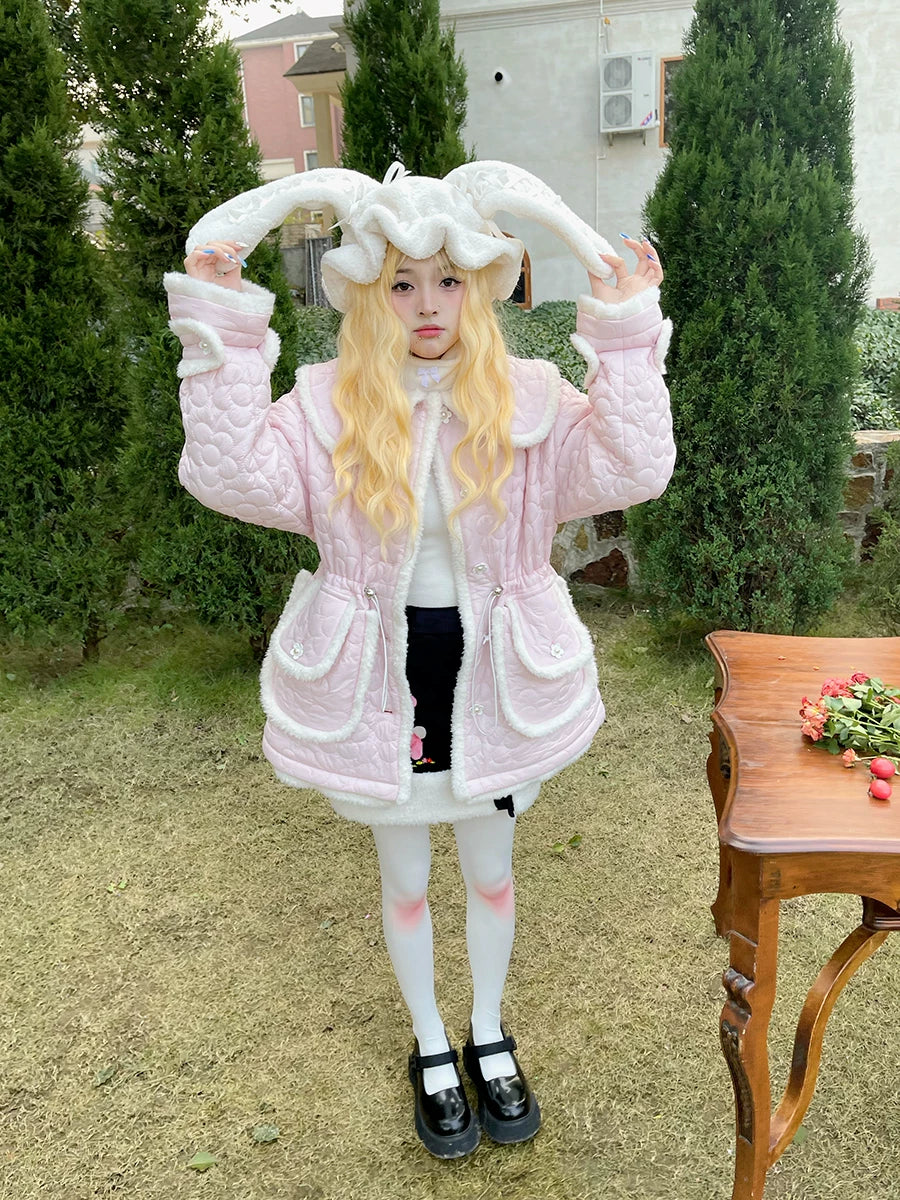 Flower Plush Bow Tie Puffer Jacket