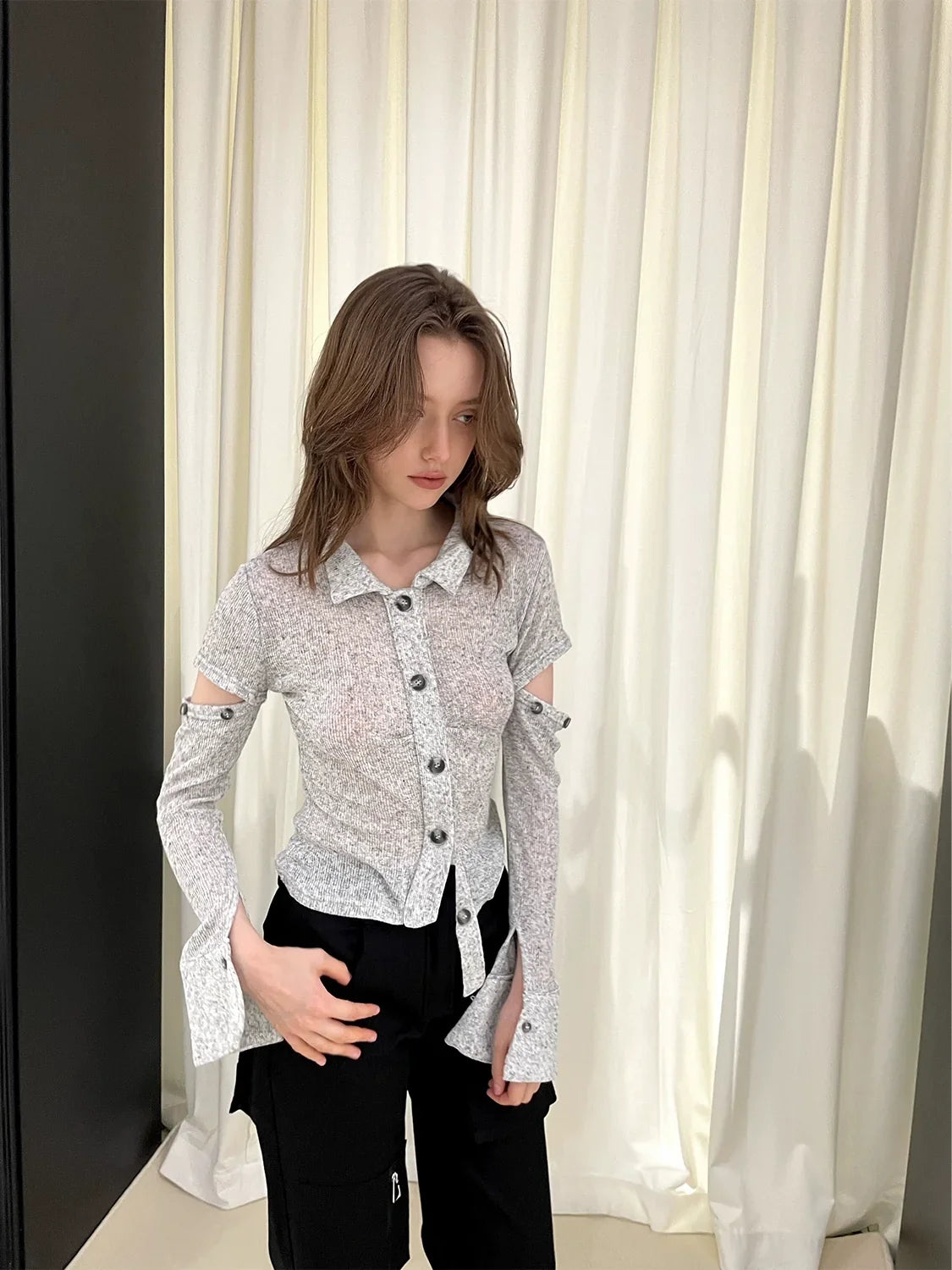 Sheer Detachable Sleeve Polo Knit Cardigan