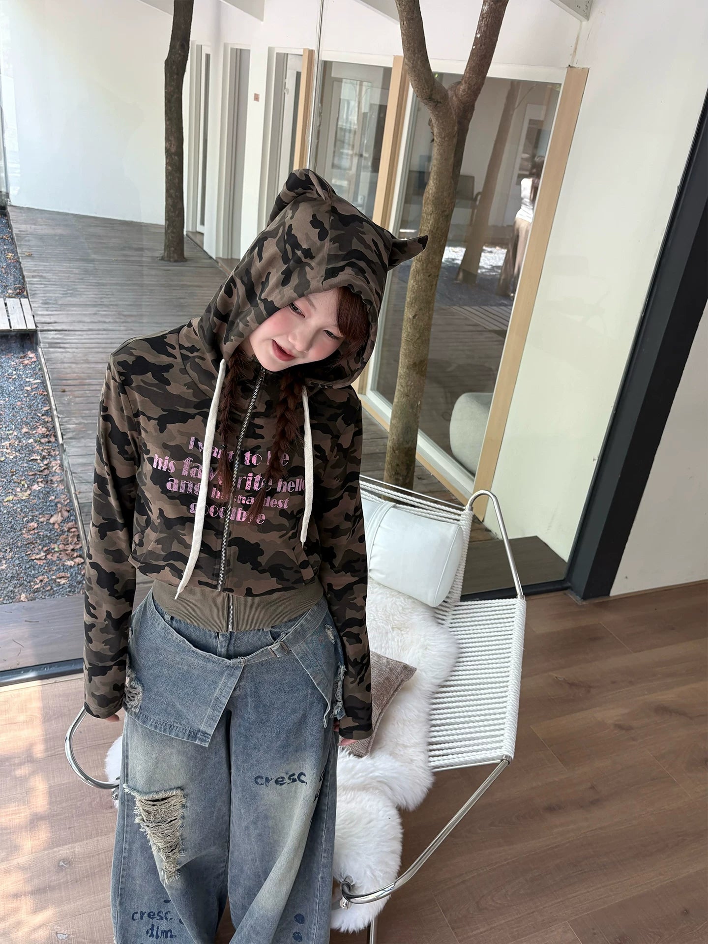 Devil Horn Hooded Print Zipper Hoodie