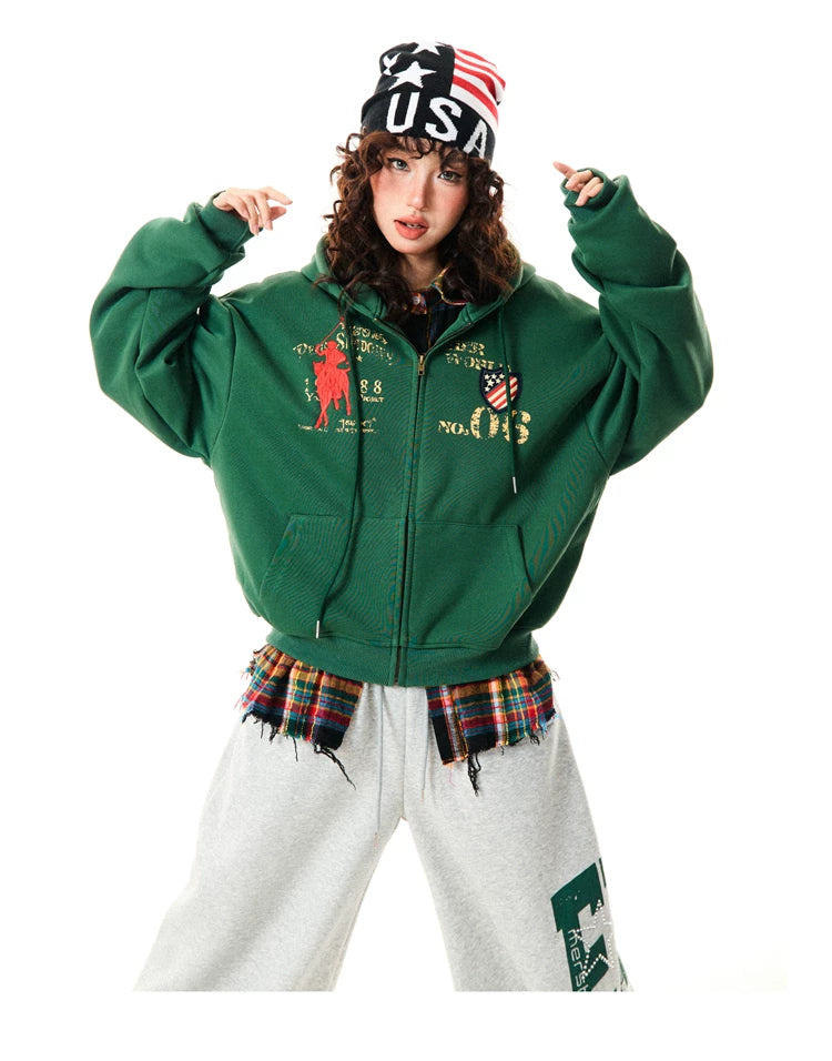 Letter Embroidery Washed Zipper Hoodie