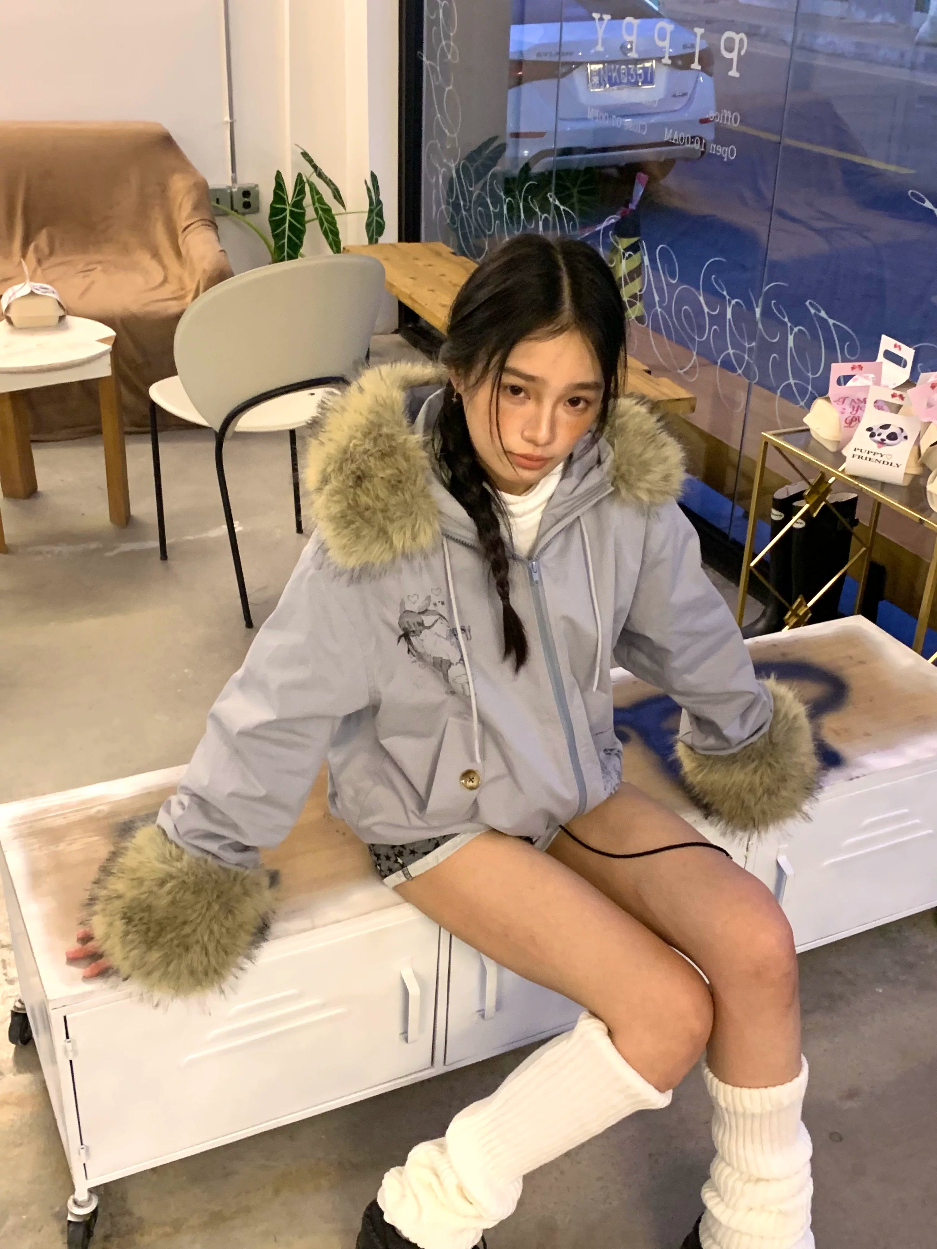 Fake Fur Trim Graphic Print Oversize Hooded Jacket