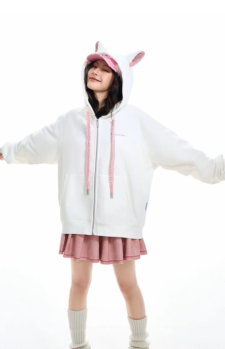 Ear Fleece Oversize Zipper Hoodie