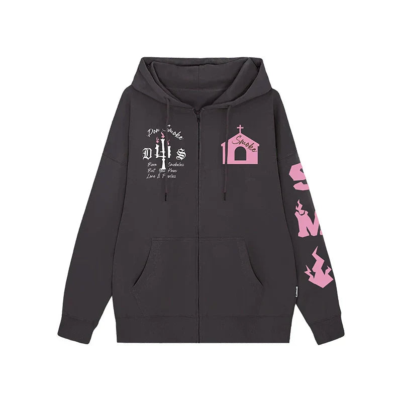 Fleece-Kapuzenjacke mit Schlossprint und Reißverschluss