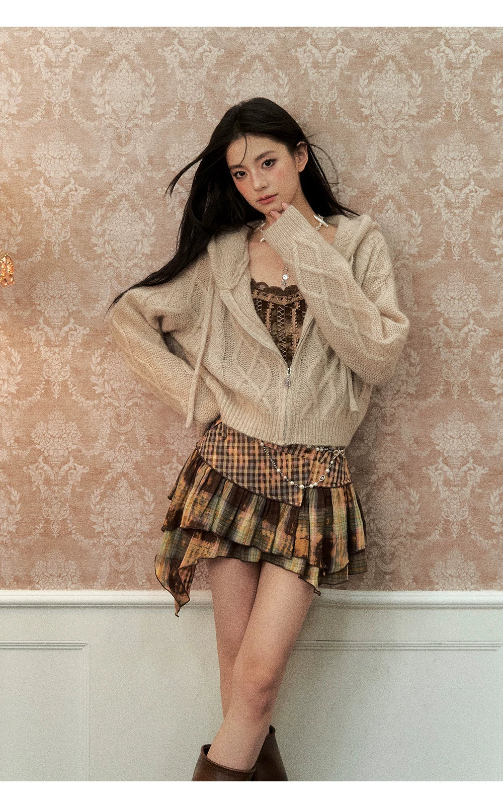 Oversize Plaid Long Sleeve Shirt & Short Skirt & Scarf Setup