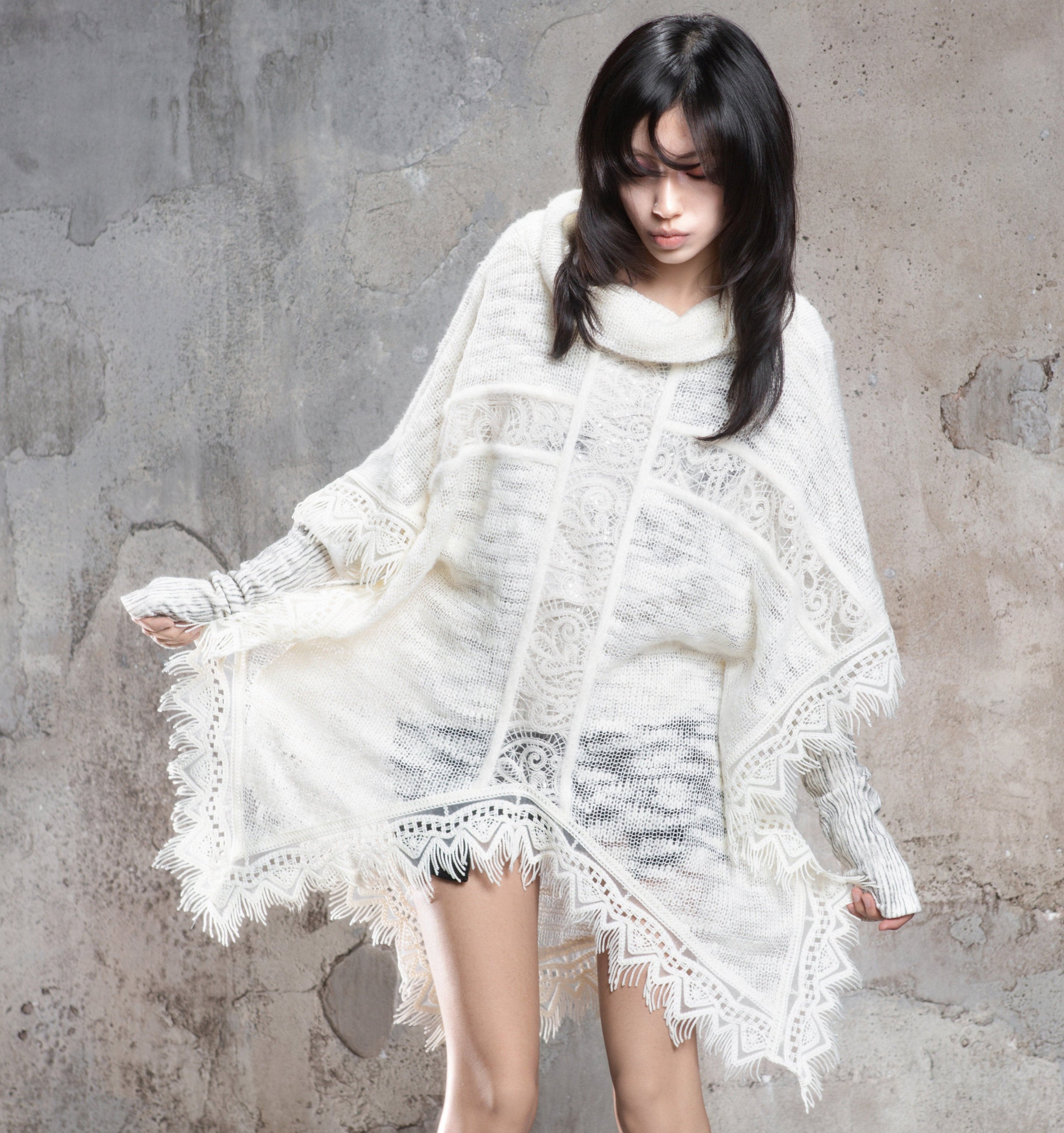 Punk Cross Cape Asymmetric Fringe Knit Sweater