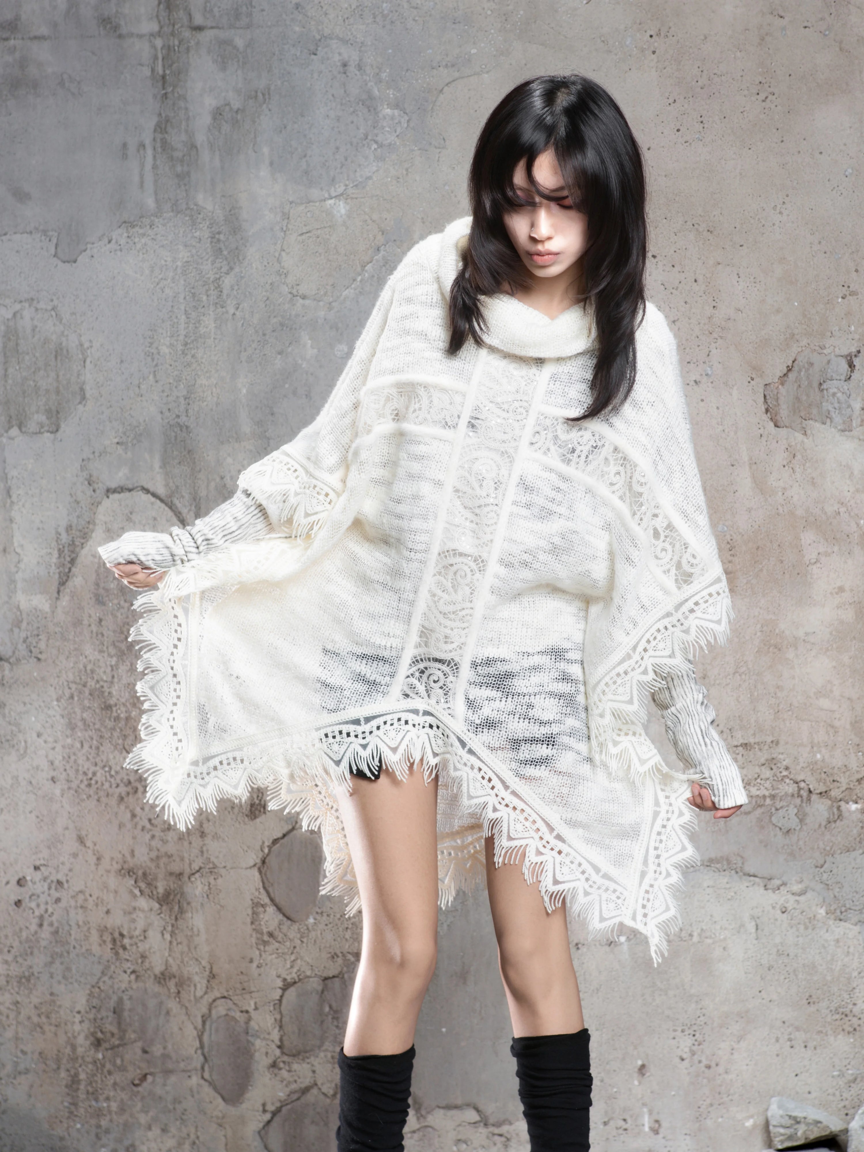 Punk Cross Cape Asymmetric Fringe Knit Sweater