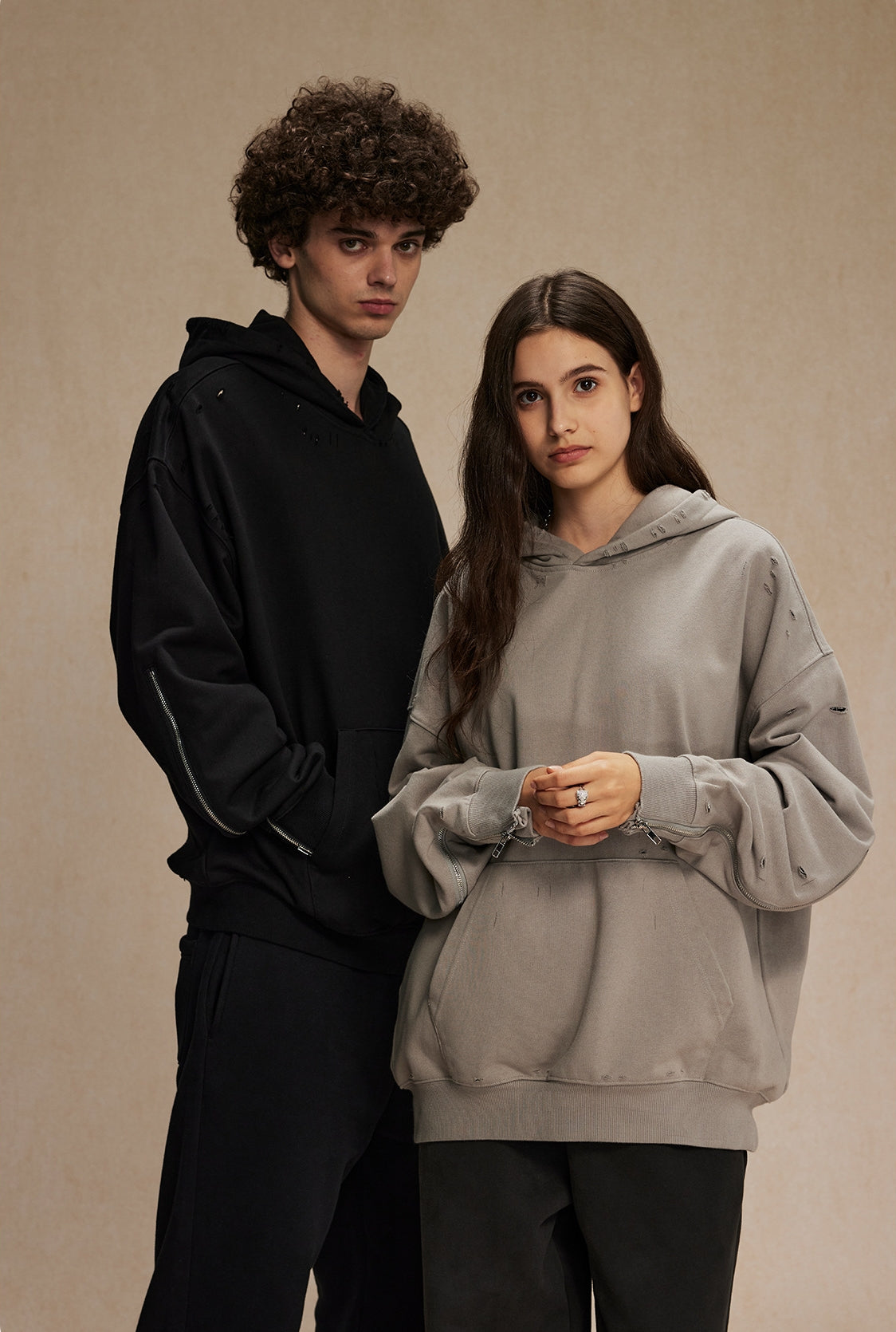 Oversize Zipper Design Damage Hoodie