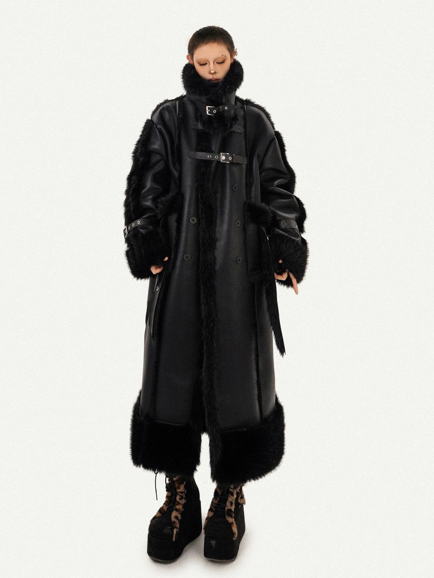PU Leather Fake Fur Stand Neck Coat