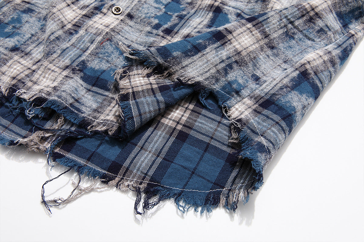 Plaid Washed Fringe Long Sleeve Shirt