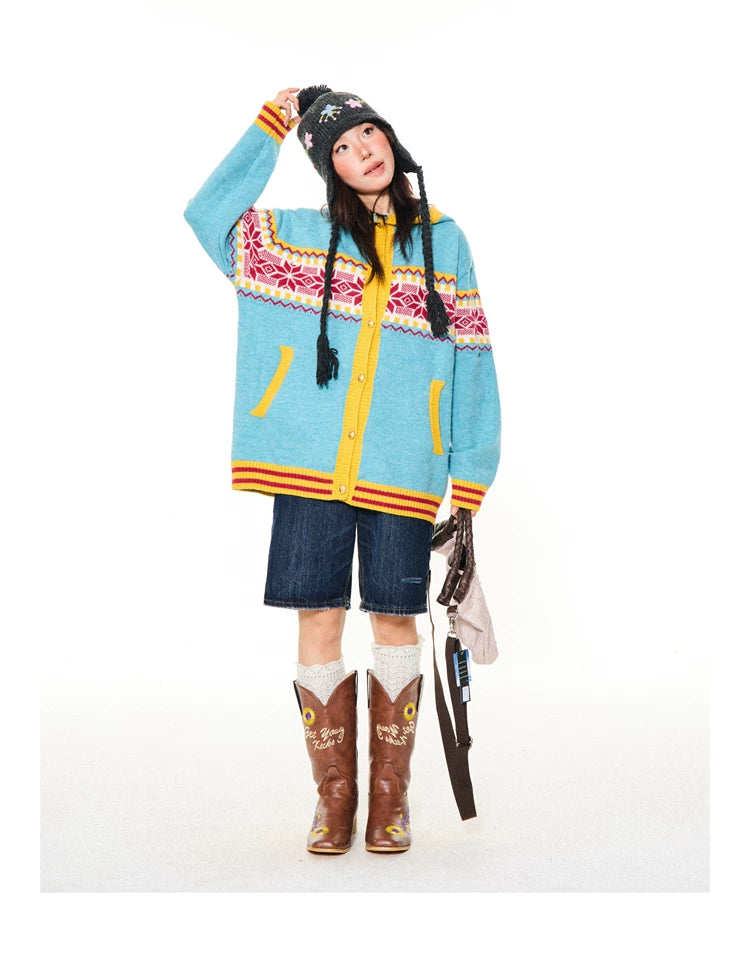 Contrast Pattern Hooded Knit Cardigan