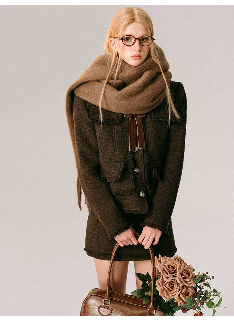 Bow Design Wool Blend Jacket & Short Skirt Setup